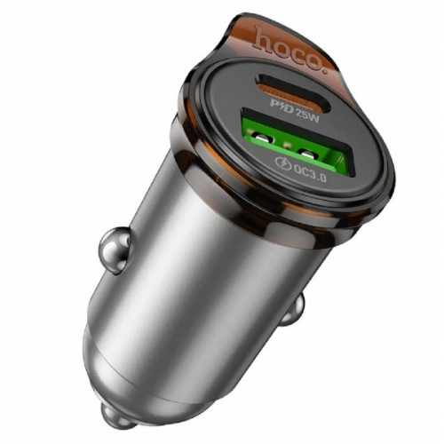 HOCO NZ16/ Авто ЗУ/ PD + QC 3.0/ 2 USB: Type-C + Type-A/ Выход: 25W + 18W/ металлик