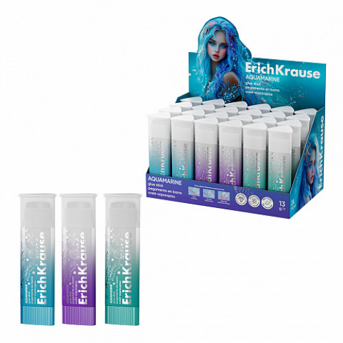 Клей-карандаш ErichKrause Prism Aquamarine, 13г, ассорти, повышенной прозрачности (в коробке-дисплее