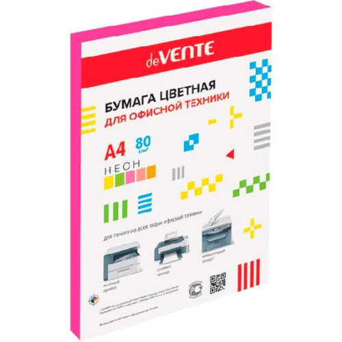 Бумага цветная для офисной техники "deVENTE" A4 50 л, 75 г/м², неон малиновый, в пластиковом пакете