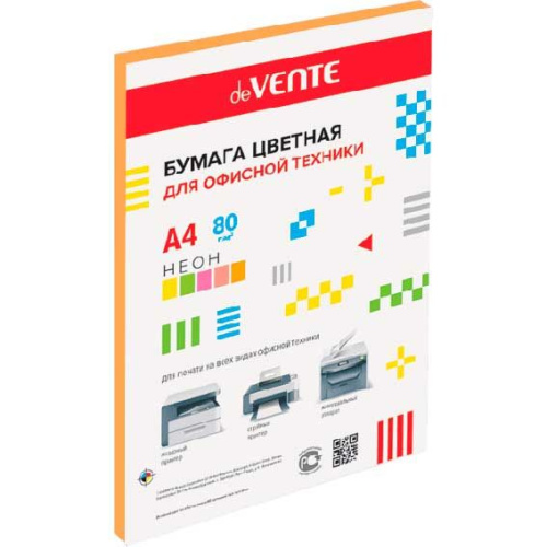 Бумага цветная для офисной техники "deVENTE" A4 50 л, 75 г/м², неон оранжевый, в пластиковом пакете