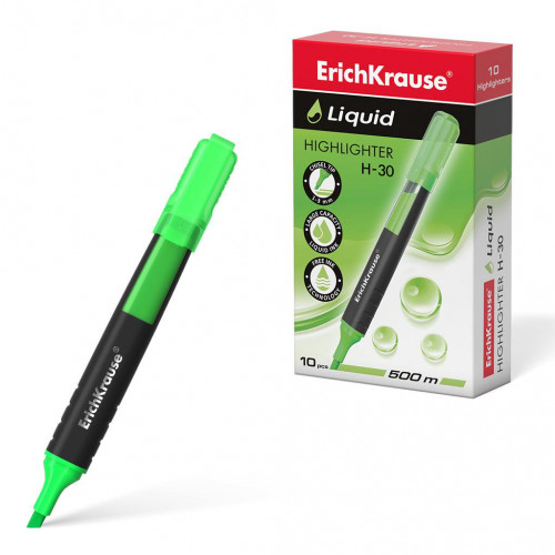Текстмаркер с жидкими чернилами ErichKrause® Liquid H-30, цвет чернил зеленый (в коробке по 10 шт.)