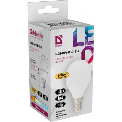 Лампочка светодиодная P45-8W-830-E14 шар, теплый белый, 1 шт. DEFENDER