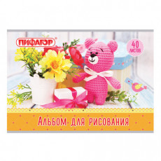 Альбом для рисования А4, 40 л., скоба, обложка офсет, ПИФАГОР, 205х290 мм, Медвежонок и цветы (1 вид), 105083