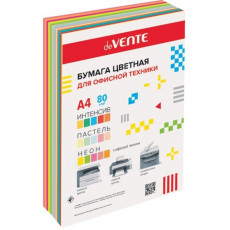 Бумага цветная для офисной техники "deVENTE. MIX" A4 90 л, 75 г/м² и 80 г/м², ассорти 15 цветов (5 интенсивных, 5 пастельных и 5 неоновых цветов) картонная подложка, в термоусадочной пленке