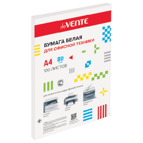 Бумага для офисной техники "deVENTE" A4 100 л, 80 г/м², белизна 96%, в полипропиленовом пакете с кле