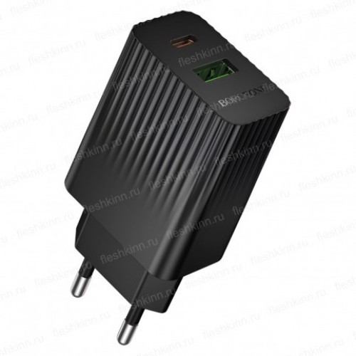 BOROFONE BAS74A/ Сетевое ЗУ/PD + QC 3.0/ 2 USB: Type-C + Type-A/ Выход: 20W + 18W/ Black