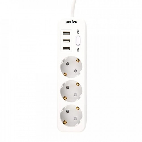 Perfeo сетевой фильтр "POWER STREAM", 2500W, двойная защита, 2м, 3 розетки, 3 USB, белый.