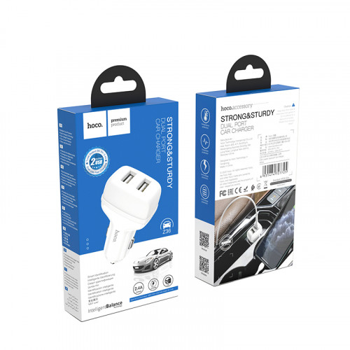 Блок питания автомобильный 2 USB HOCO, Z36 Leader, 2400mA, огнестойкий, пластик, белый(1/14/140)