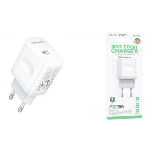 Блок питания сетевой 1 Type-C Borofone BA99A Breeze, пластик, 3.0A, PD20Вт, цвет: белый (1/75/300)