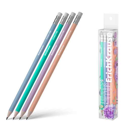 Чернографитный карандаш пластиковый ErichKrause JOY® Pastel Bloom, круглый, с ластиком, HB (в тубусе