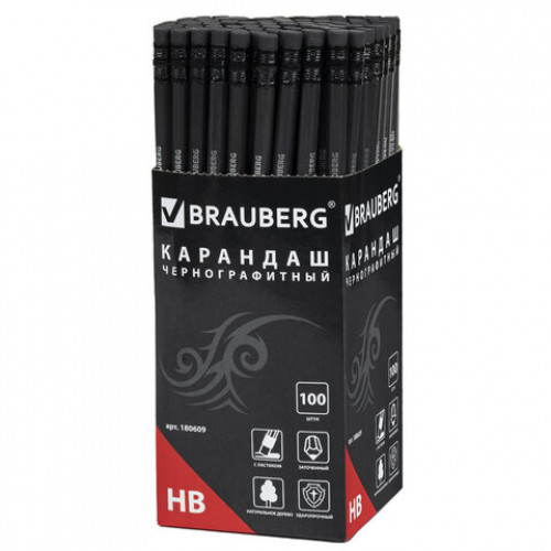 Карандаш чернографитный BRAUBERG, 1 шт., Black Jack, НВ, черное дерево, с резинкой, корпус черный, заточенный, 180609