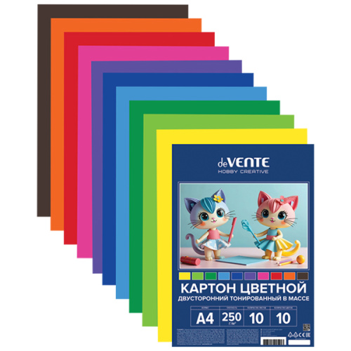 Картон цветной тонированный двусторонний A4 "deVENTE. HOBBY CREATIVE" 250 г/м², 10 цв, 10 л, пластик