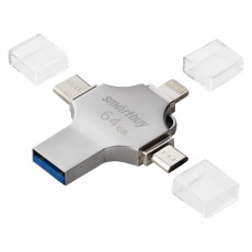 Флеш-накопитель USB 3.0 64GB Smart Buy MC15 Metal Quad 4-in-1 (Lightning + USB Type-A + USB Type-C + micro USB) серебро металл