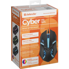 Мышь DEFENDER Сyber MB-560L, черный, USB, 7 цветов, 3 кнопки, проводная, Количество кнопок: 2 + колесо-кнопка, Тип сенсора: оптический, Разрешение: 1200 dpi (1/40)