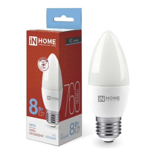 Лампа светодиодная LED-СВЕЧА-VC 8Вт 230В Е27 6500К 600Лм IN HOME, арт. 4690612024820
