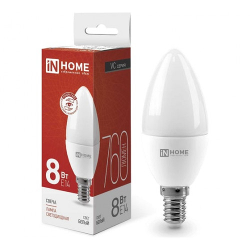 Лампа светодиодная LED-СВЕЧА-VC 8Вт 230В Е14 4000К 760Лм IN HOME, арт. 4690612020433