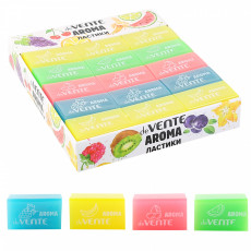 Ластик "deVENTE. Fruit cocktail" синтетический (ECO-PVC) ароматизированный, прямоугольный прозрачно-тонированный с запечаткой, 39x24x12 мм, ассорти 4 цвета, dust-free, в индивидуальной упаковке со штрих кодом, в картонном дисплее