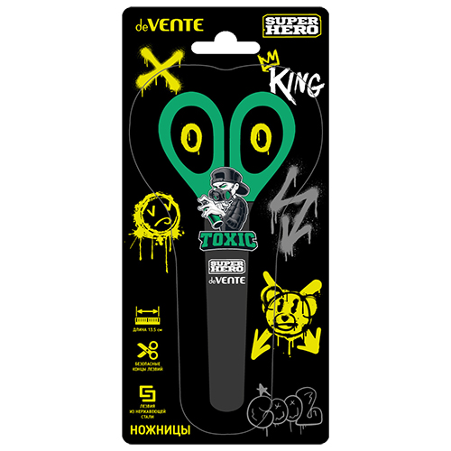 Ножницы детские "deVENTE. SuperHero. Toxic" 13,5 см, пластиковые кольца, защитный футляр с каучуковы