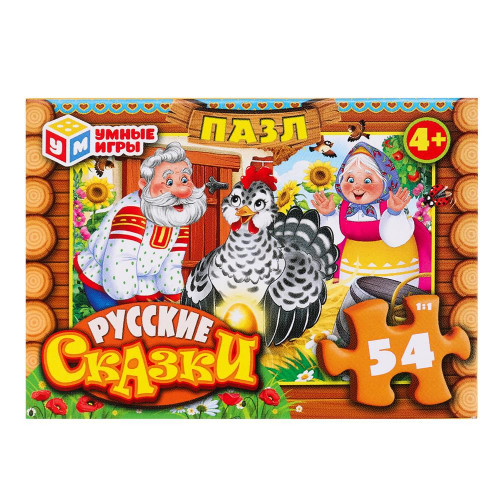 Русские сказки. Пазлы в коробке 54 детали. 90х65х25 мм. Умные игры в уп.32шт в кор.8уп