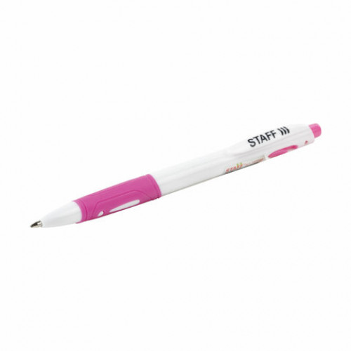 Ручка шариковая автоматическая с грипом STAFF BP-16 White, СИНЯЯ, ассорти, линия письма 0,35 мм, 143749