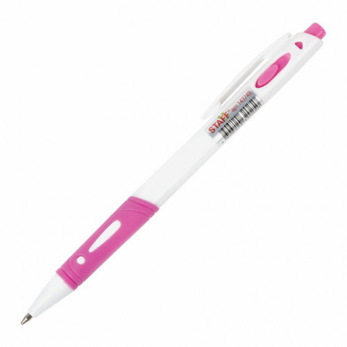 Ручка шариковая автоматическая с грипом STAFF BP-16 White, СИНЯЯ, ассорти, линия письма 0,35 мм, 143749