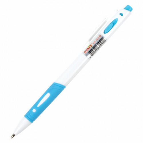 Ручка шариковая автоматическая с грипом STAFF BP-16 White, СИНЯЯ, ассорти, линия письма 0,35 мм, 143749
