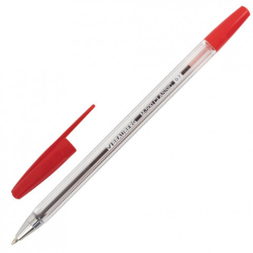 Ручка шариковая BRAUBERG M-500 CLASSIC, КРАСНАЯ, корпус прозрачный, узел 0,7 мм, линия письма 0,35 мм, 143446