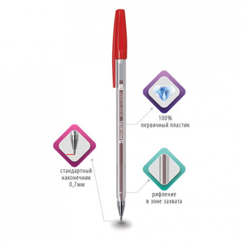 Ручка шариковая BRAUBERG M-500 CLASSIC, КРАСНАЯ, корпус прозрачный, узел 0,7 мм, линия письма 0,35 мм, 143446