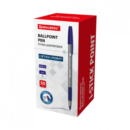 Ручка шариковая с грипом BRAUBERG i-STICK POINT, СИНЯЯ, корпус серый, игольчатый узел 0,7 мм, линия письма 0,35 мм, 144021