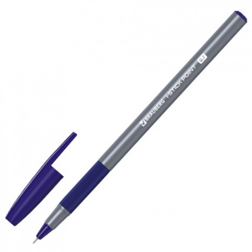 Ручка шариковая с грипом BRAUBERG i-STICK POINT, СИНЯЯ, корпус серый, игольчатый узел 0,7 мм, линия письма 0,35 мм, 144021