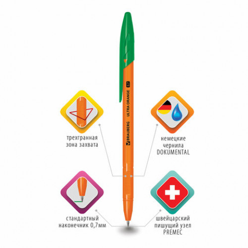 Ручка шариковая BRAUBERG ULTRA ORANGE, ЗЕЛЕНАЯ, узел 0,7 мм, чернила ГЕРМАНИЯ, наконечник ШВЕЙЦАРИЯ, 143565
