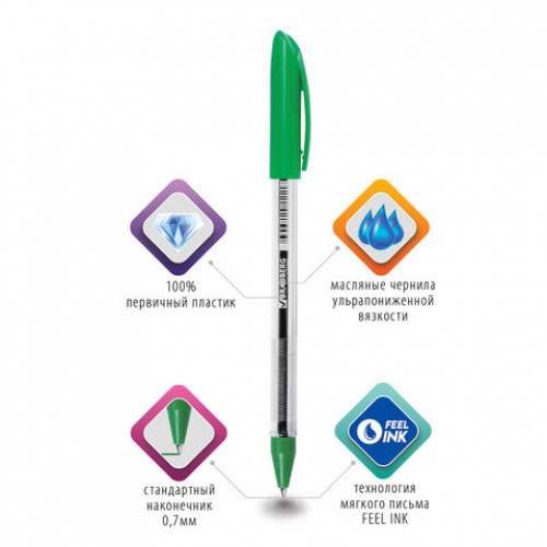 Ручка шариковая масляная BRAUBERG Rite-Oil, ЗЕЛЕНАЯ, корпус прозрачный, узел 0,7 мм, линия письма 0,35 мм, 142149