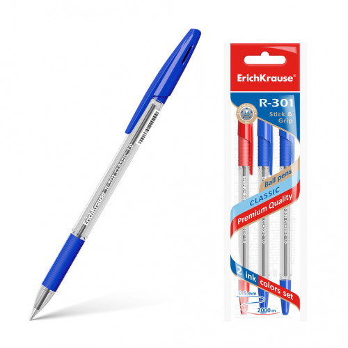 Ручка шариковая ErichKrause R-301 Stick&Grip Classic 1.0, цвет чернил синий (в коробке по 50 шт.)