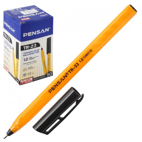 Ручка шариковая PENSAN "TR-23"треугольная черная (желтый корпус)50/1000 (штрихкод 8692404202412)