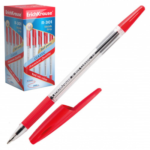 Ручка шариковая ErichKrause R-301 Stick&Grip Classic 1.0, цвет чернил красный (в коробке по 50 шт.)
