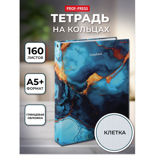 Тетрадь КЛЕТКА 160л. МРАМОР В СИНИХ ОТТЕНКАХ (160-1847) (на кольцах)