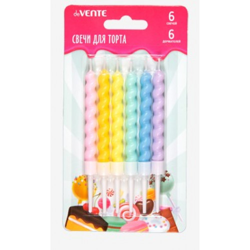 Набор свечей для торта"deVENTE. Pastel Set" 6 пастельных спиральных свечек 7,5x0,55 см с держателями
