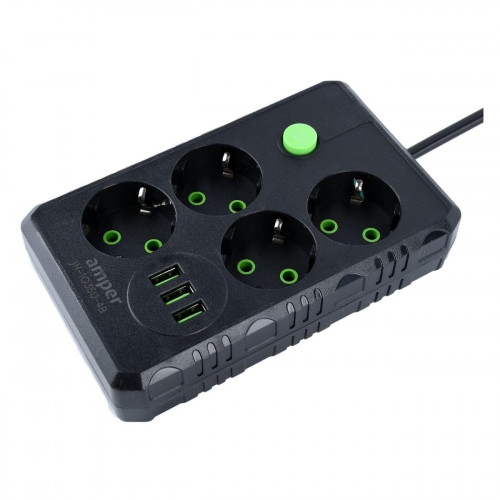 Amper сетевой удлинитель, 2,0м, 4 розетки, 3*0,75мм, 10А, 2500 Вт, 3usb, черный.