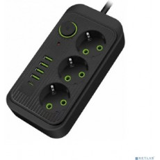 Amper сетевой удлинитель,4,0м, 3 розетки, 3*0,75мм, 10А, 2500 Вт, 4usb, 1Type-C, черный.