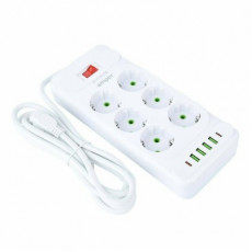 Amper сетевой удлинитель, 4,0м, 6 розеток, 10А, 2500 Вт, 4usb,2Type-C, белый.