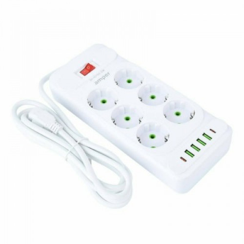 Amper сетевой удлинитель, 4,0м, 6 розеток, 10А, 2500 Вт, 4usb,2Type-C, белый.