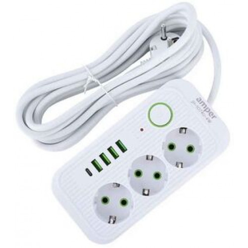 Amper сетевой удлинитель, 4,0м, 3 розетки, 3*0,75мм, 10А, 2500 Вт, 4usb, 1Type-C, белый.