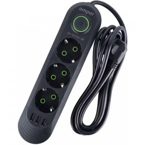 Amper сетевой удлинитель, 2,0м, 3 розетки, 3*0,75мм, 10А, 2500 Вт, 3usb, черный.