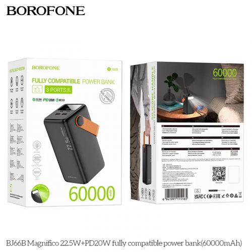 Аккумулятор внешний Borofone BJ66B Magnifico, 60000mAh, пластик, PD20Вт, 2 USB выхода, Type-C, цвет: чёрный (1/11)