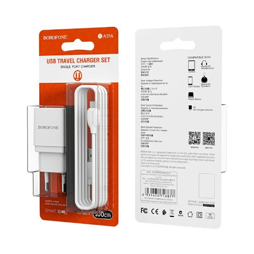 Блок питания сетевой 1 USB Borofone, BA19A, Nimble, 1A, пластик, кабель микро USB, цв.чёрный, 1 шт.