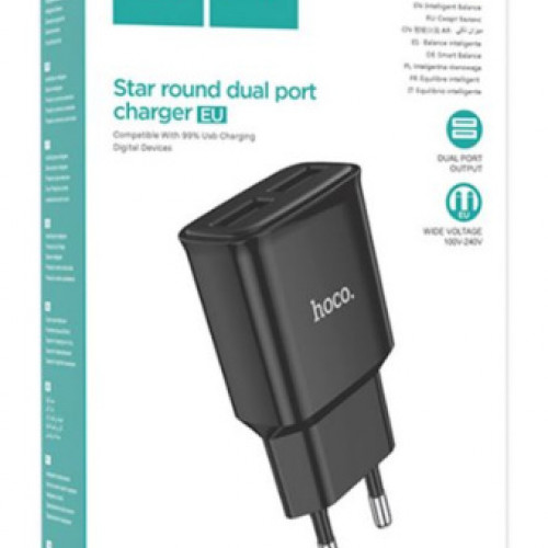 Блок питания сетевой 2 USB HOCO, C88A, Star, 2400mA, пластик, цвет: чёрный(1/12/120)