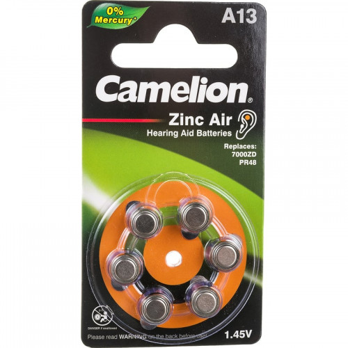 Camelion ZA13 BL-6 Mercury Free (A13-BP6(0%Hg), батарейка для слуховых аппаратов, 1.4 V,280mAh)