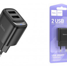 Блок питания сетевой 2 USB HOCO C141A Smart, 2100mA, пластик, цвет: чёрный (1/36/216)