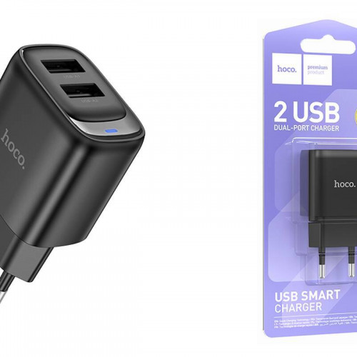 Блок питания сетевой 2 USB HOCO C141A Smart, 2100mA, пластик, цвет: чёрный (1/36/216)