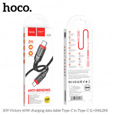 Кабель Type-C - Type-C HOCO X59 Victory, 2.0м, круглый, 3,0А, PD60Вт нейлон, цвет: чёрный (1/33/330)